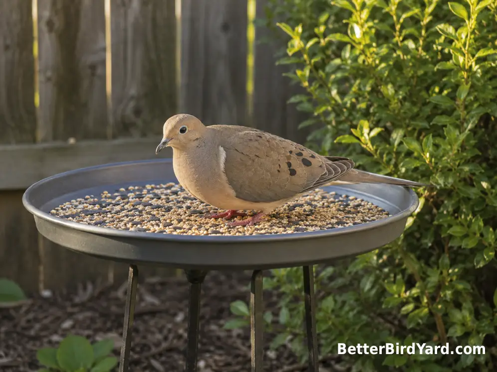 A Mourning Dove feeds from a broad raised tray feeder in a small backyard with shrubs nearby.