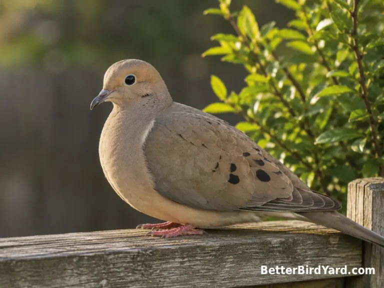 An adult Mourning Dove rests on a sunlit fence rail in a quiet suburban backyard.