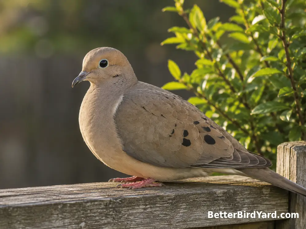 An adult Mourning Dove rests on a sunlit fence rail in a quiet suburban backyard.