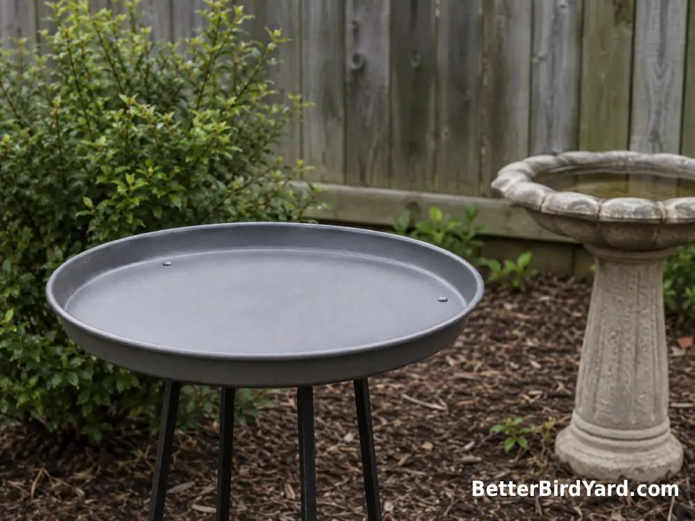 A clean empty platform feeder sits in a quiet backyard after seed has been temporarily removed.