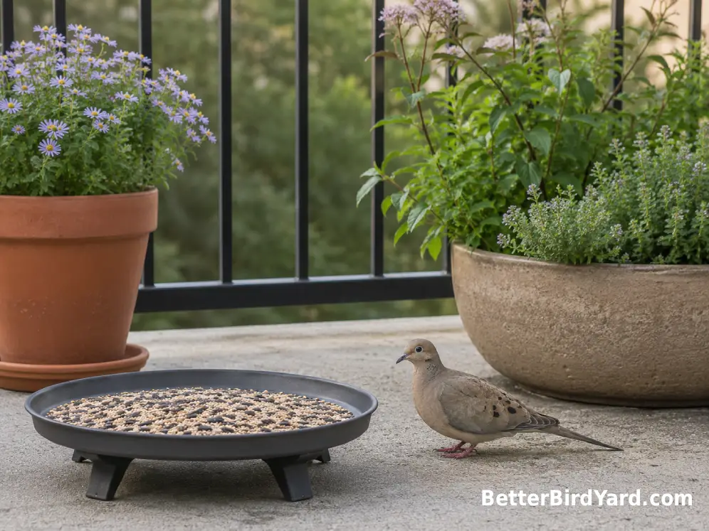 A Mourning Dove stands beside a low tray feeder on a small patio edged with native container plants.