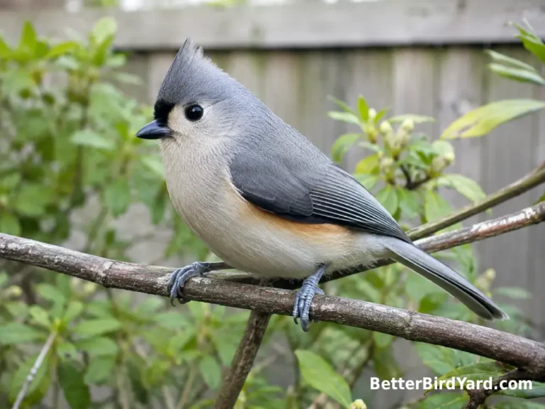 Tufted Titmouse perched on a natural branch with its gray crest and peach-colored flanks visible.