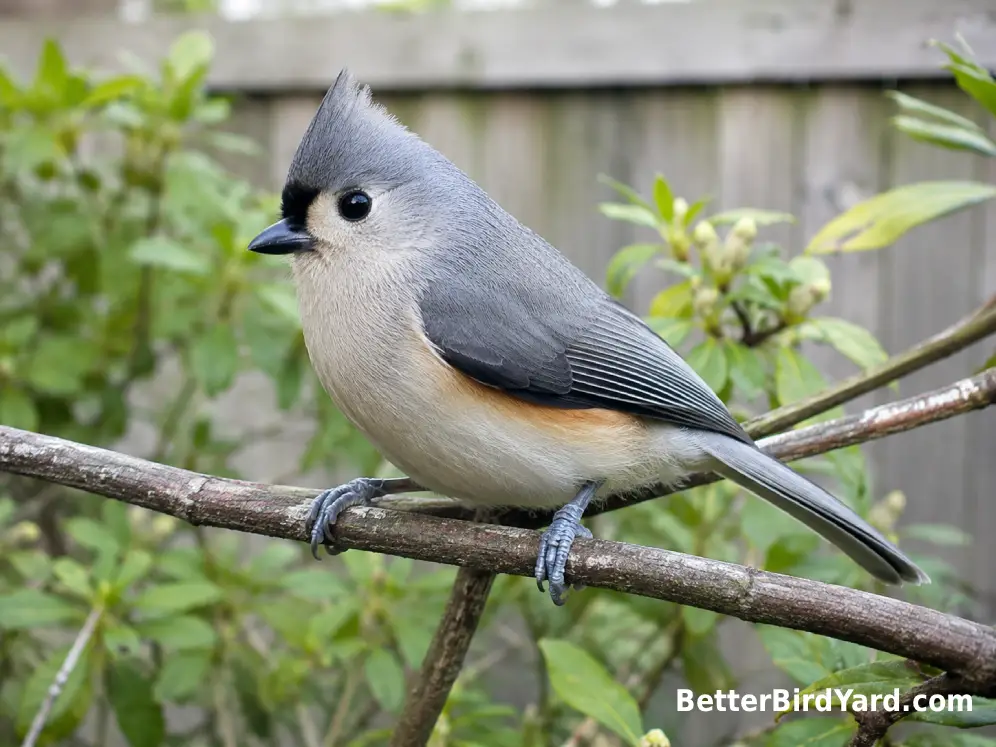 Tufted Titmouse perched on a natural branch with its gray crest and peach-colored flanks visible.