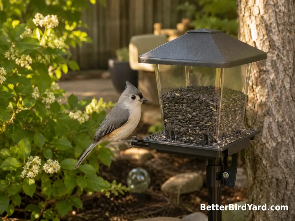Tufted Titmouse visiting a clean sunflower-seed feeder beside native shrubs.