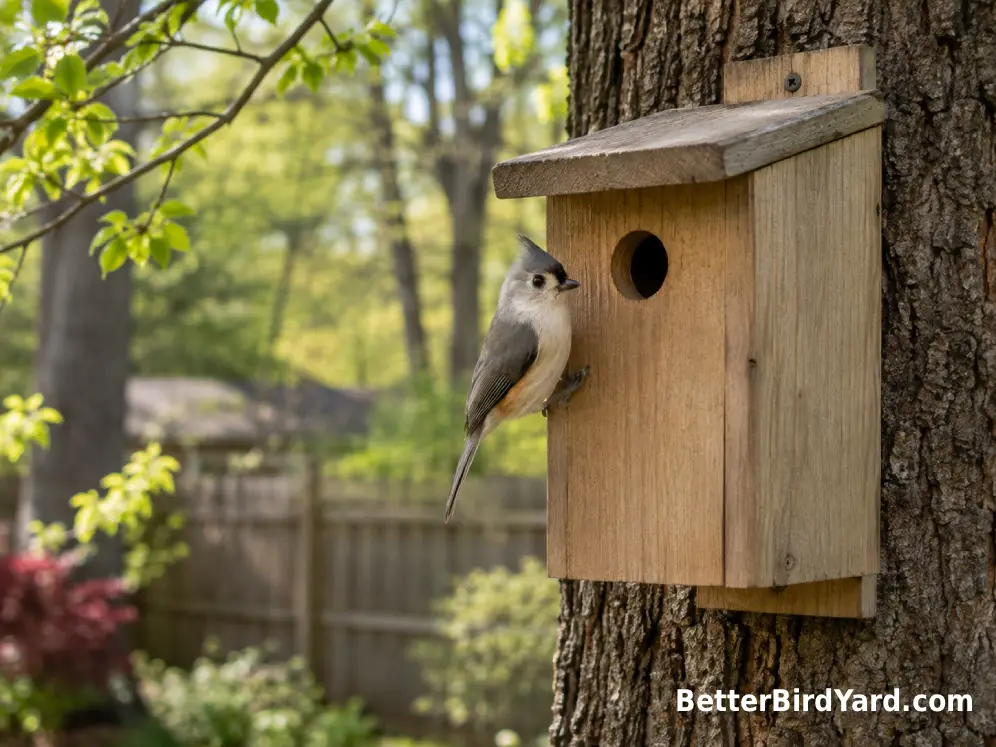 Tufted Titmouse perched near a simple wooden nest box on a mature backyard tree.
