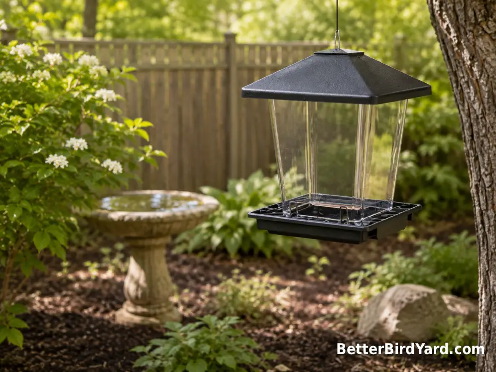 Empty clean bird feeder hanging in a quiet backyard while the feeding area is being rested.